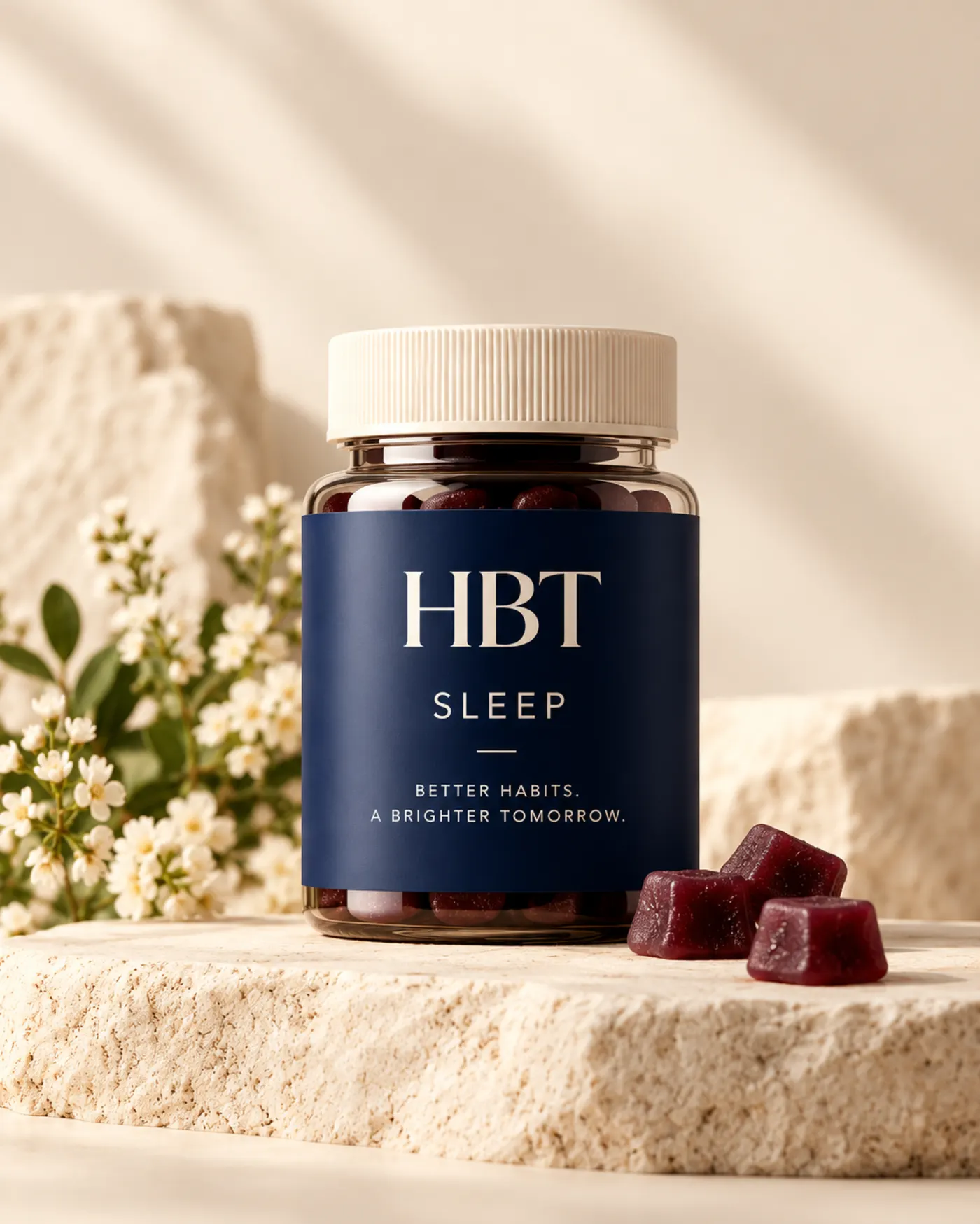 Close-up of the HBT Sleep bottle with navy label, concept product photography